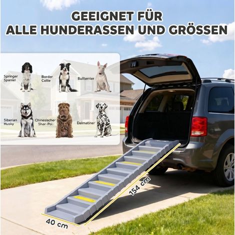 Klappbare Hundetreppe 154 x 40 cm, 10 Stufen, grauer Kunststoff, für Auto – MEUBLIV (1/5)