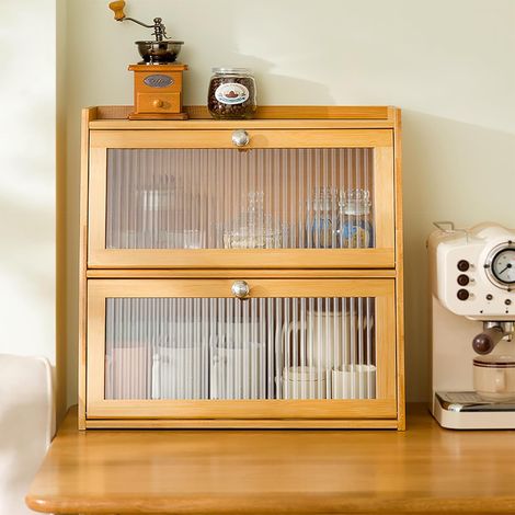 Petit buffet de cuisine en bambou pour plan de travail, buffet, armoire de cuisine avec porte en acrylique, boîte à pain pour pots à épices, ustensiles de cuisine, tasses, accessoires (1/5)