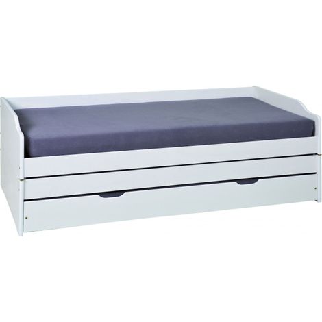 Lit banquette pour enfant en pin massif laqué blanc - Dim : L209 x l97 x H65 cm -PEGANE- (1/3)
