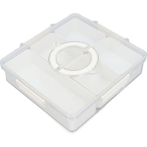 Plateau de service compartimenté avec poignée et couvercle transparent, 5 compartiments, boîte carrée hermétique pour apéritifs, charcuterie, bonbons et épices, blanc (1/5)
