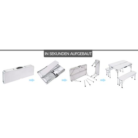 Camping table bench set foldable aluminium white