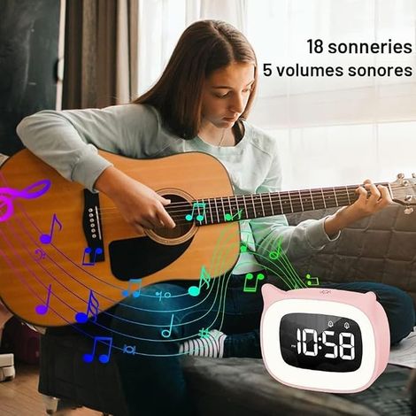 Réveil Enfant, Réveil Enfant Educatif, Veilleuses Chat Mignon, Lampe chevet fonction snooze, Affichage Automatique Temps, 5 Couleurs,18 Type de Musique d'anniversaire (Rose) (1/3)