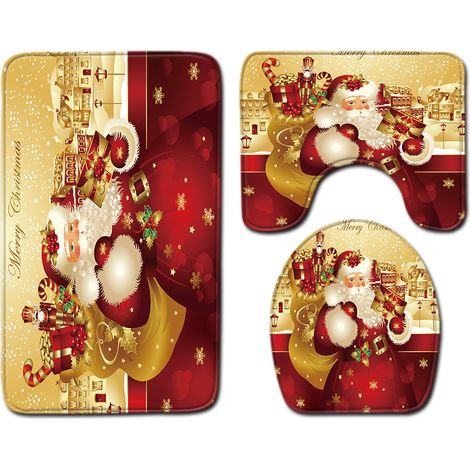 Badezimmerteppich-Set 3-teilig, rutschfeste Badematten, Weihnachtsmann-Aufdruck, weiche Badematten mit starker Wasseraufnahme für Badezimmer, Schlafzimmer, Küche, Toilette und Badewanne (4)