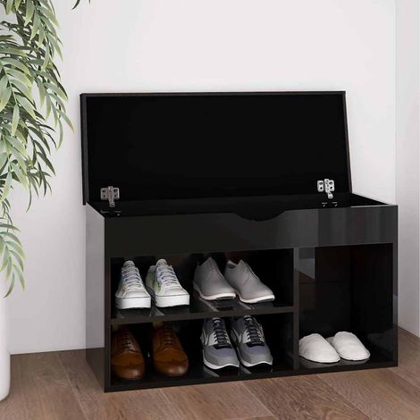 Meuble à Chaussures Étagère à Chaussures - et coussin Noir brillant 80x30x47cm Aggloméré BV340908 - BonneVie (1/5)