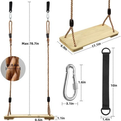 Holzschaukel für Kinder und Erwachsene, Holzschaukelsitz mit verstellbarem Hanfseil, Gartenschaukelsitz (1/2)