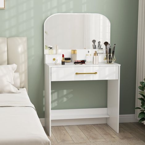 Toeletta con specchio compatta 80 x 40 x 135 cm, 3 cassetti, legno melaminico bianco, REDOM (1/5)