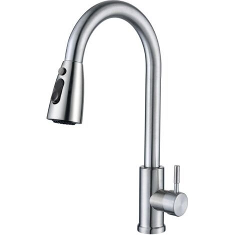Küchenarmatur mit ausziehbarer Brause, Küchenmischbatterie, 360° drehbarer Wasserhahn, 3 Modi zur Einstellung der Wassermenge, gebürstetes Silber (1/5)