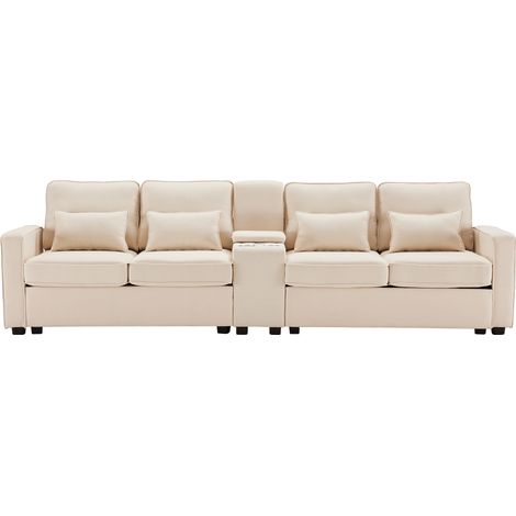 ELVMI Divano 4 Posti con Consolle, 2 Portabicchieri, 2 Porte USB e Tasche laterali in Lino Beige (1/5)