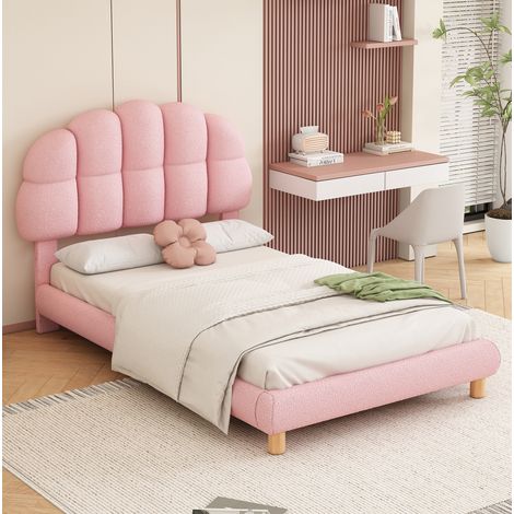 letto 90x200 imbottito bambini testiera curva rosa HAVRYA (1/5)
