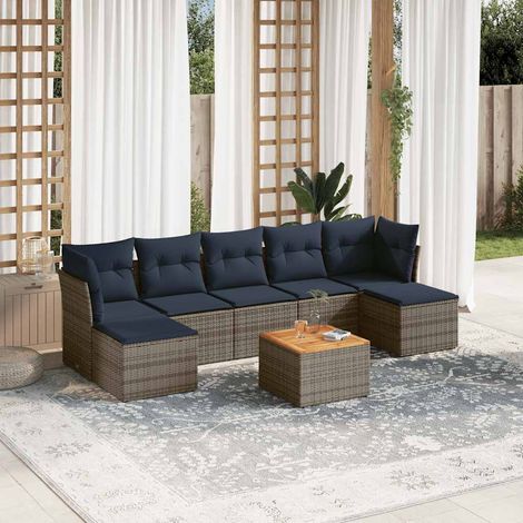 Salon de jardin modulable 8 pièces en résine tressée grise avec coussins bleu marine, 63.2kg - PANGIVO (1/5)
