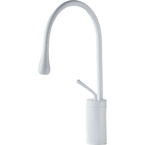Robinet de salle de bain avec bras pivotant à 360° et design goutte, mitigeur blanc, profil bas