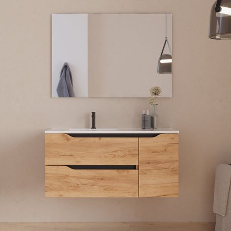 Meuble de salle de bain 100cm avec vasque déportée à gauche et miroir - 2 tiroirs et un placard - roble (chêne clair) - ZARZA