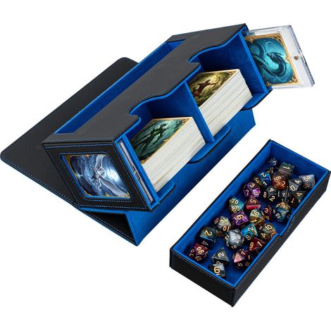 Deck Box pour MTG, Peut Contenir Jusqu'à 300+ Cartes, avec 2 Intercalaires et Plateaux à Dés, Boîte de Rangement en Cuir PU pour Magic/TCG/Cartes à Collectionner - Bleu et Noir (1/5)