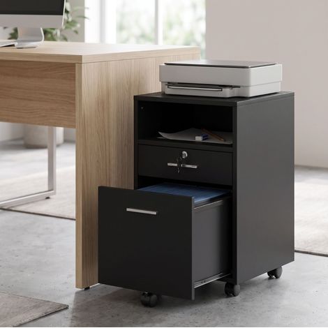 Cassetto ufficio su ruote 40x40x65 cm con 2 cassetti di cui 1 chiudibile a chiave e 5 ruote, MDF nero (1/5)