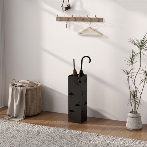 Portaombrelli 15.5x15.5x49 cm con vassoio raccogligocce rimovibile, 4 ganci, acciaio nero (1/5)