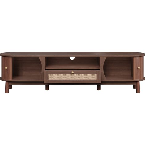 Mobile porta TV con ante e cassetto in rattan MDF finitura noce 165x37x46 cm MODENUIT (1/5)