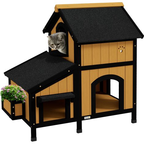 Maison pour chats, design en bois, structure à plusieurs niveaux, Bois Naturel, 96X65X85.5 cm (1/2)