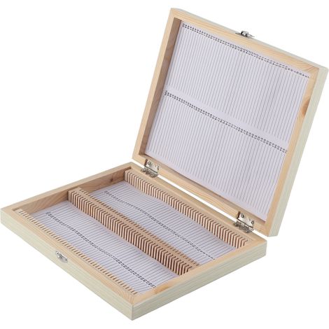 Boîte en bois avec serrure pour le rangement des lames de microscope préparées en verre de laboratoire. (1/5)