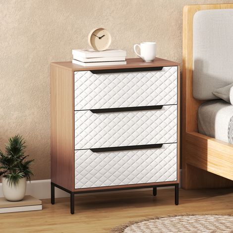 Commode naturel blanc avec 3 tiroirs en tissu devant à motif losange pour le salon, bureau Dressing et