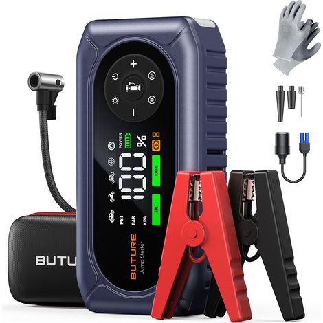 Buture – Booster de batterie voiture 5500 avec gonfleur 150 PSI – Écran LED – Lumières de secours 500 lumens – Démarrage facile