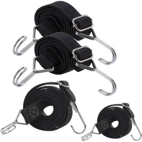 4 Pieces Tensioners with Hooks, Extra Heavy Duty Flat Elastic Straps, Bungee Cords with Hooks, Long Adjustable Rubber Bungee Straps, for Luggage, Camping, Car (1/5)