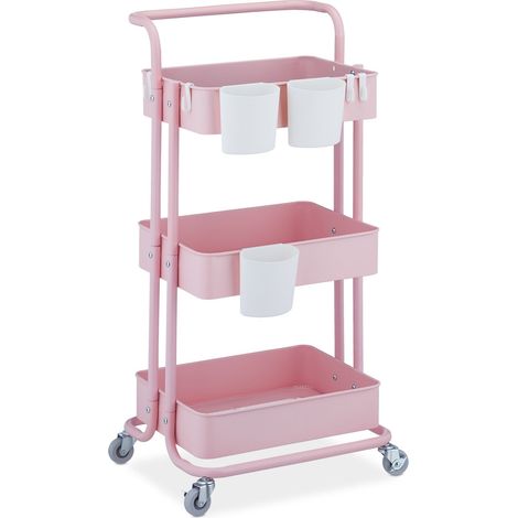 Desserte à roulettes pratique 3 niveaux idéale cuisine salle de bain 76 x 34 x 80 cm en métal rose (1/5)