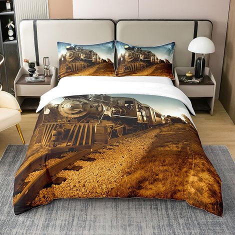 Parure de lit avec housse de couette de 135 x 200 cm et 1 taie d'oreiller de 80 x 80 cm, motif 3D de train industriel, 100 % coton, pour enfant, garçon et fille (1/5)