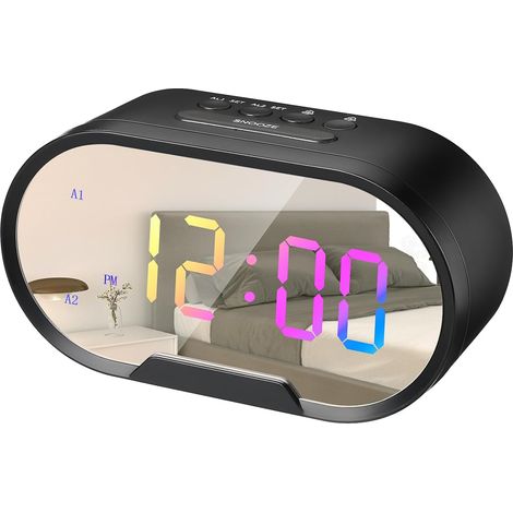 Digitaler Wecker fürs Bett (Schwarz), Wecker mit LED-Spiegel, Schlummerfunktion, automatischer Helligkeitsanpassung, praktischer Tischwecker für unterwegs (1/5)
