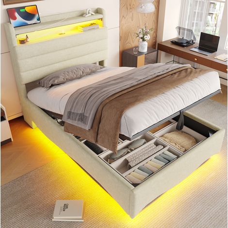 MEUBLIV Bett 90x200 cm beige – LED, hydraulischer Stauraum, ohne Matratze (1/5)
