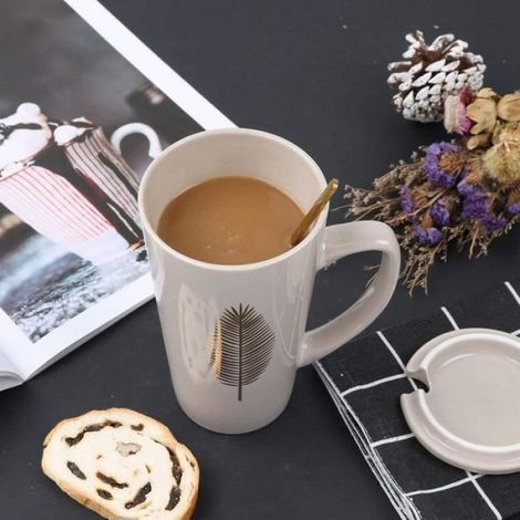 Tasse à Café en Céramique, Élégantes Tasses à Thé 500ML avec Couvercle Et Cuillère,pour Noël,Valentin, Anniversaires,Gris (1/4)