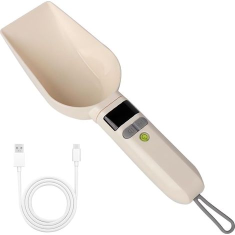 Cucchiaio dosatore digitale con display LCD e manico removibile, ideale per pesare il cibo per animali domestici in cucina.