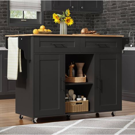 Îlot de cuisine 145/70/94,5 cm noir avec plateau coulissant, 5 roulettes et rangement pratique (1/5)