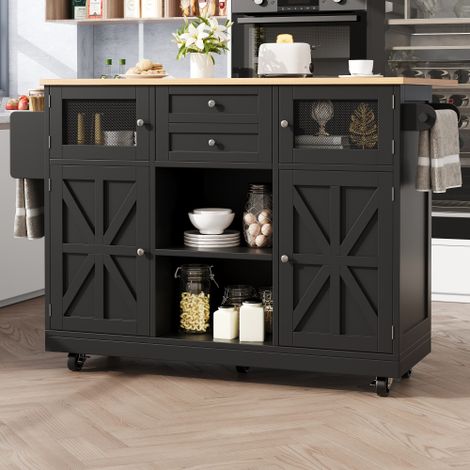 Kücheninsel, Esszimmerwagen mit Arbeitsplatte, Buffetschrank, Esszimmerwagen mit Holzmaserung, seitlicher Handtuchhalter, dreidimensionale Schranktüren mit Rollen, verstellbare Trennwände, Schwarz