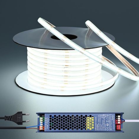 24V COB LED Strip Outdoor Waterproof 20 m with Transformer 6000K Cool White Flexible LED Strip Cuttable 7W/m 312LEDs/m CRI 93 IP65 for Bedroom, Yard, Outdoor Pergola