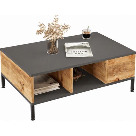 Table Basse 3 Niches Chêne et Gris Anthracite Pieds Métal L 90 H 33.1 P 60 cm (1/5)