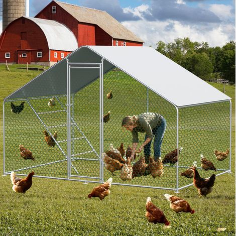 Poulailler Enclos extérieur 3x3x2 m en métal argenté avec bâche étanche, serrure de sécurité et grillage hexagonal (1/5)