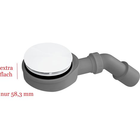 ECOLAM Ablaufgarnitur für Duschwanne weiß Siphon 90 mm Ablauf flach 60 mm Duschsiphon Chrom