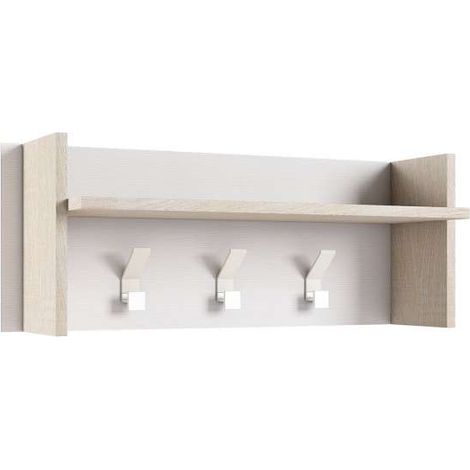 Pannello appendiabiti a parete con ripiano e 3 ganci bianco e rovere 90x29x34 cm - Terraneo