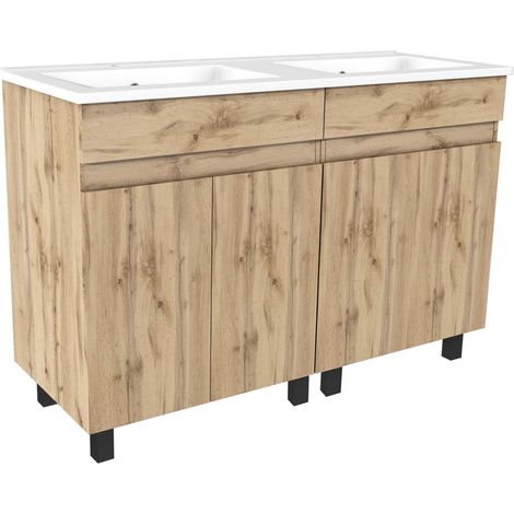 meuble de salle de bains 120cm 4 porteschêne naturel + vasque céramique blanche - timber 120 — vue 3