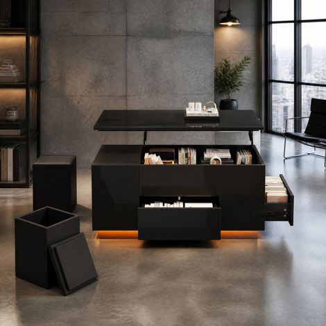Mesa de centro elevable (100x50x45 cm), con LED, 2 cajones, espacio oculto, 2 taburetes, tablero de aglomerado negro (1/5)