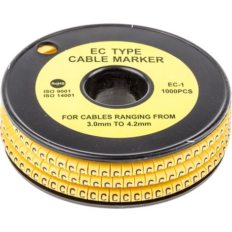 Repère câble , Ø câble 3  4.2mm, texte : C, Noir sur Jaune ( Prix pour Bobine de 1000 )