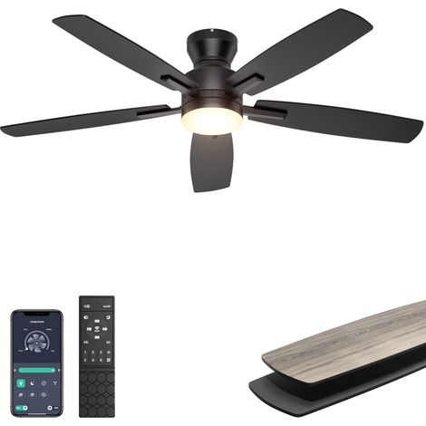52 Inch Ceiling Fan with Light, Low Profile Flush Mount Remote Control & APP, 5 Reversible Blades, 3 Color Temperatures Dimmable, Silent Motor for Bedroom, Black (1/5)