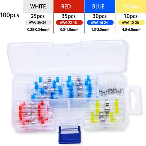 Connecteurs de Fil Étanches à Soudure Thermorétractables - Kit de Connecteurs de Soudure Isolés, 4 Tailles (0.25-6mm² / 26-12AWG)  - 100PCS