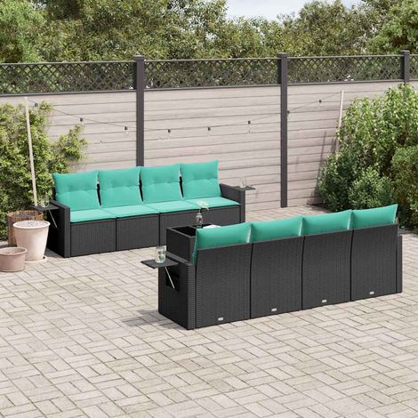 9-teiliges Gartensofa-Set mit Kissen, schwarzes Polyrattan (1/5)