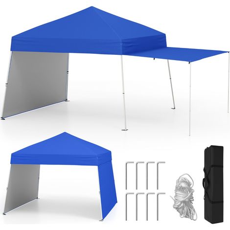 Tente pop-up 430 x 280 x 254/264 cm avec auvent ajustable 2 parois latérales moderne en tissu oxford bleu