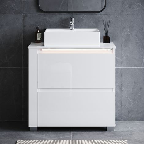 ELEGANT Vanity Basin Units Countertop Basin Bathroom Cabinet with Induction LED 2 Drawers Furniture, White 600×600×300mm(No Basin)