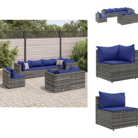 8-tlg. Garten-Lounge-Set mit Kissen Grau Poly Rattan - Gartenmöbel - Lounge Set - Outdoor Möbel - Rattan Gartenmöbel - Gartenloungeset (1/5)