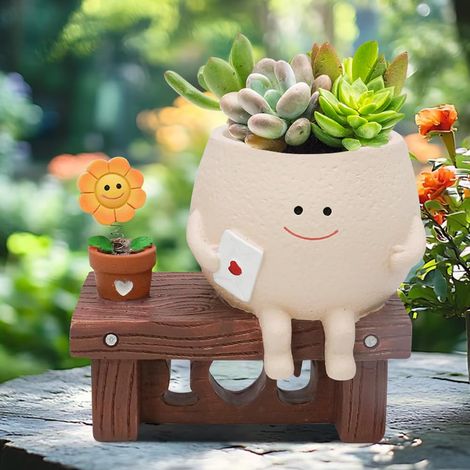 Pot de Fleurs avec Visage, Pot De Fleurs en Résine avec Trou de Drainage, pour Plantes Grasses et pour d'intérieur et d'extérieur, Idée Cadeau (Lire) (Tournesol) (1/5)