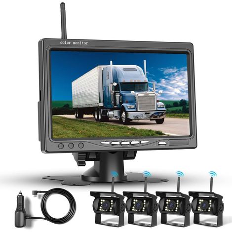Kit de Quatre caméras arrière sans Fil 1080P HD, écran LCD 7 Pouces avec 4 caméras de recul pour remorque Camper Camion Voiture Bus, DIY Guide Lines, IP68 Waterproof, Night Vision, 12V-36V (1/5)