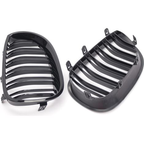 Calandre avant pour BMW Série 5 E60 E61 (2004-2009), avec un design à double barre horizontale et une finition noir brillant. (1/3)